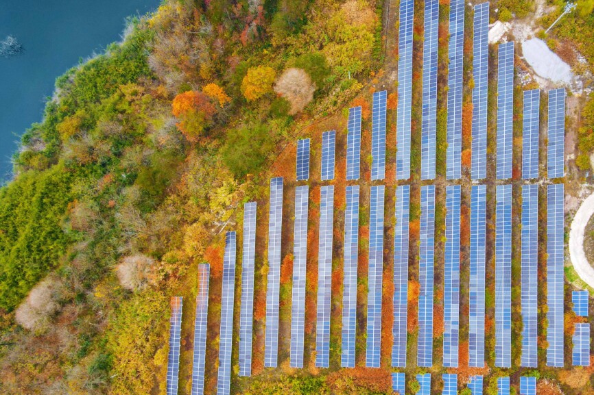 Barren Mountain PV Generation Rows of photovoltaic panels are installed on a barren hill in Pingjing village in Anqing,