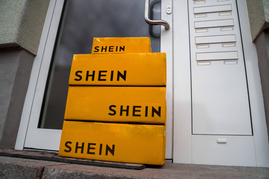 Bavaria, Germany – December 9, 2024: Symbolic image: Brown Shein parcels on a doorstep illustrate the success of global