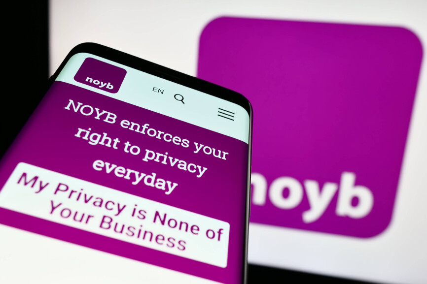 Smartphone with website of NOYB ? European Center for Digital Rights on screen in front of logo. Stuttgart, Germany – 07